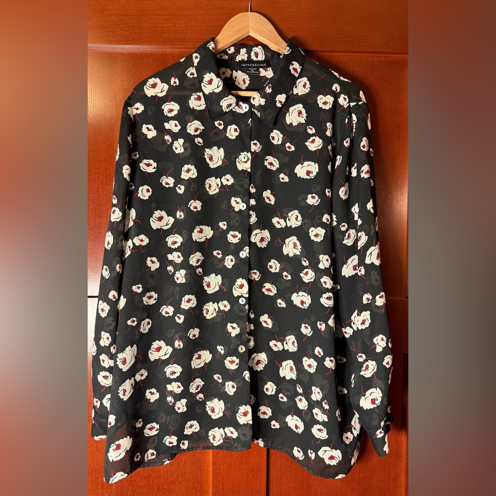 Impressions Black Floral Sheer Button Up Big Shirt XL